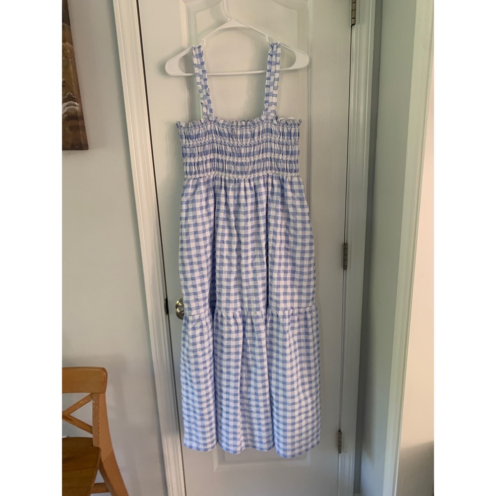 French Connection Light Blue Gingham Smocked Tiered Maxi Dress with Pockets Sz 8